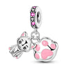 A silver heart charm bead with pink zircon stones and a paw print charm.