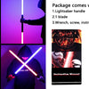 An RGB metal lightsaber with a handle, blade, wrench, screw, instruction, and charging cable shown in various contexts.