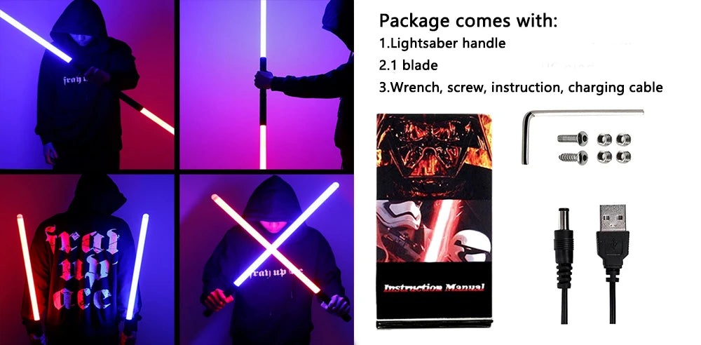 An RGB metal lightsaber with a handle, blade, wrench, screw, instruction, and charging cable shown in various contexts.