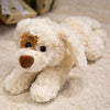 Un peluche de perro de osito de crema y marrón mullido acostado sobre una superficie beige texturizada.