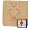 A wooden peg board with a red geometric pattern and a matching card featuring an orange diamond shape.