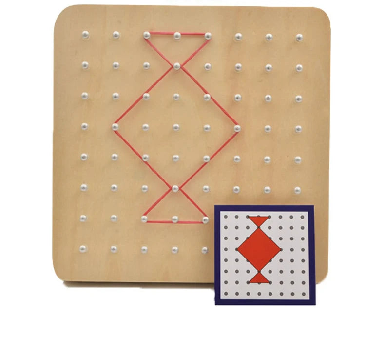 A wooden peg board with a red geometric pattern and a matching card featuring an orange diamond shape.
