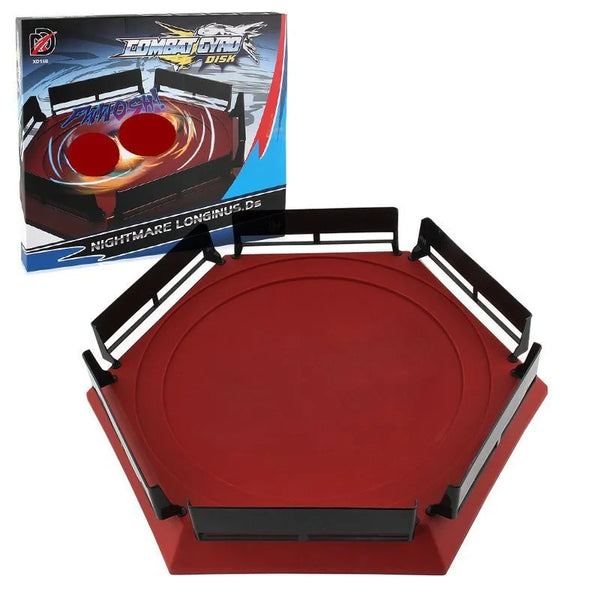 A red gyroscopic spinning top disk is shown in a box, ready for stadium play.
