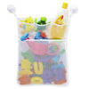 A white mesh storage bag with suction cups holds various yellow and green duck and frog toys.