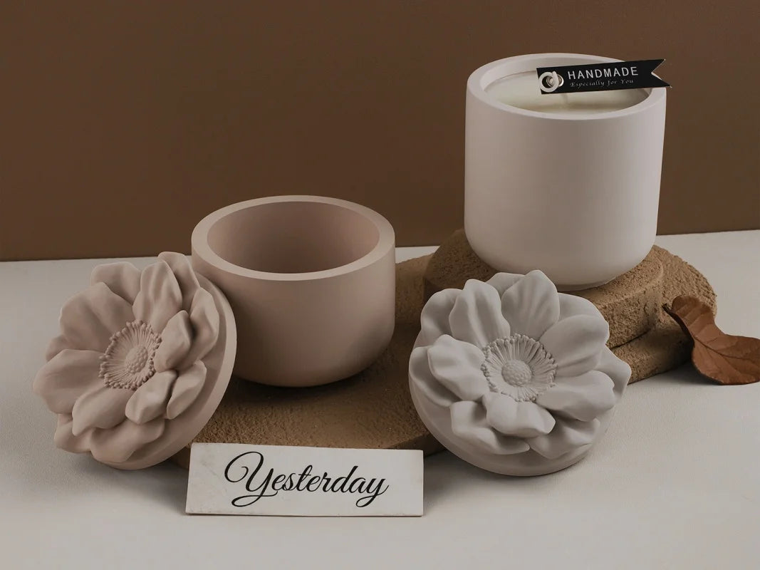 A set of light pink silicone floral molds for decorative storage jars and candle cups displayed on a neutral background.