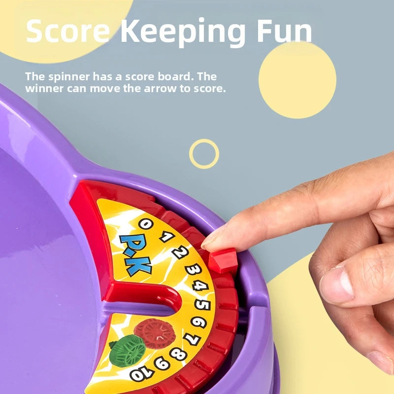 A hand is moving an arrow on a score board within a purple spinning top game.