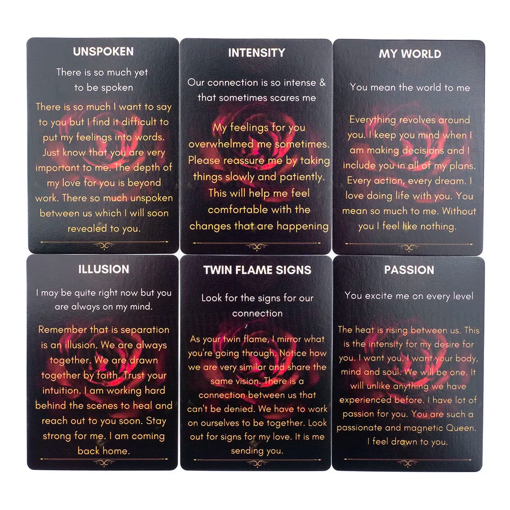 A set of five tarot-style oracle cards titled Unspoken, Intensity, My World, Illusion, Twin Flame Signs, and Passion.