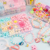 A collection of colorful polymer clay beads and jewelry making tools including stringing kits and pliers.