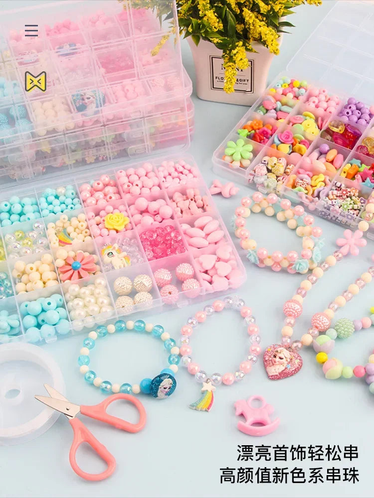 A collection of colorful polymer clay beads and jewelry making tools including stringing kits and pliers.
