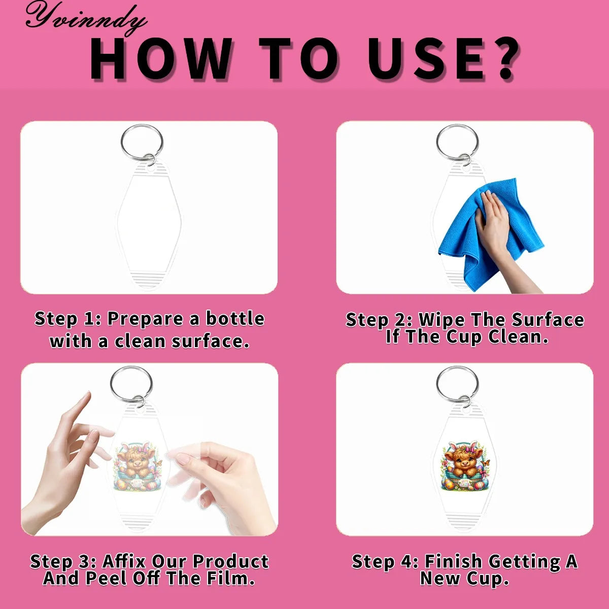 Instructions for using Easter Highland Cattle UV DTF Transfer Stickers to make a new cup.
