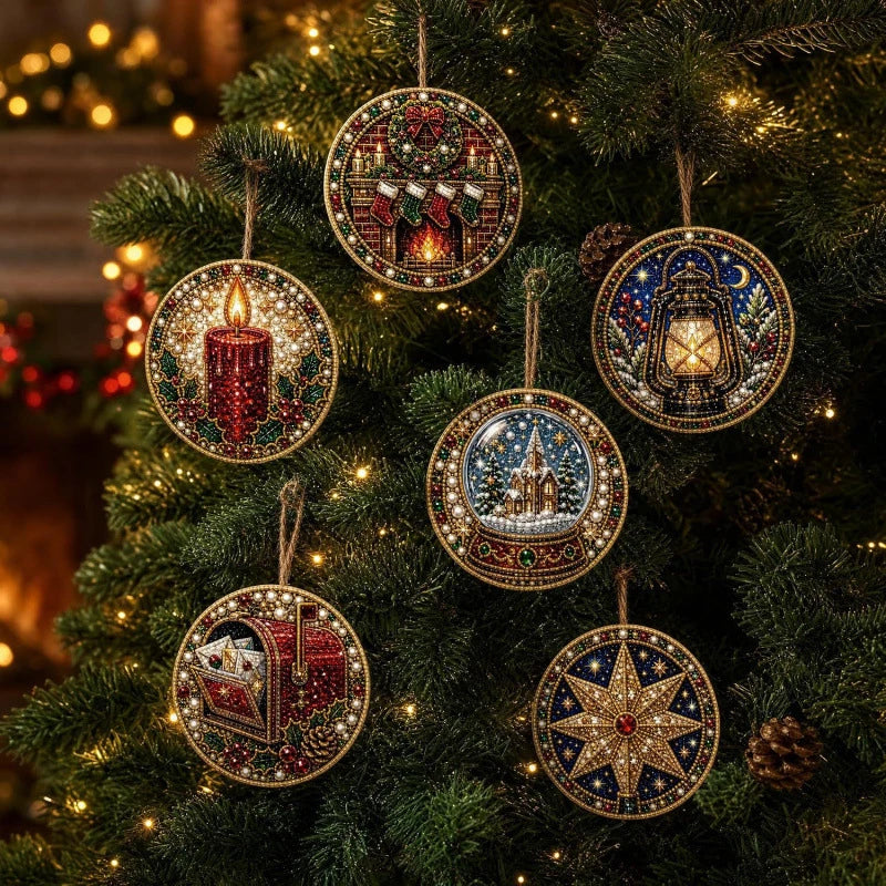 A close-up of various ornate diamond painting ornaments hanging on a green Christmas tree.
