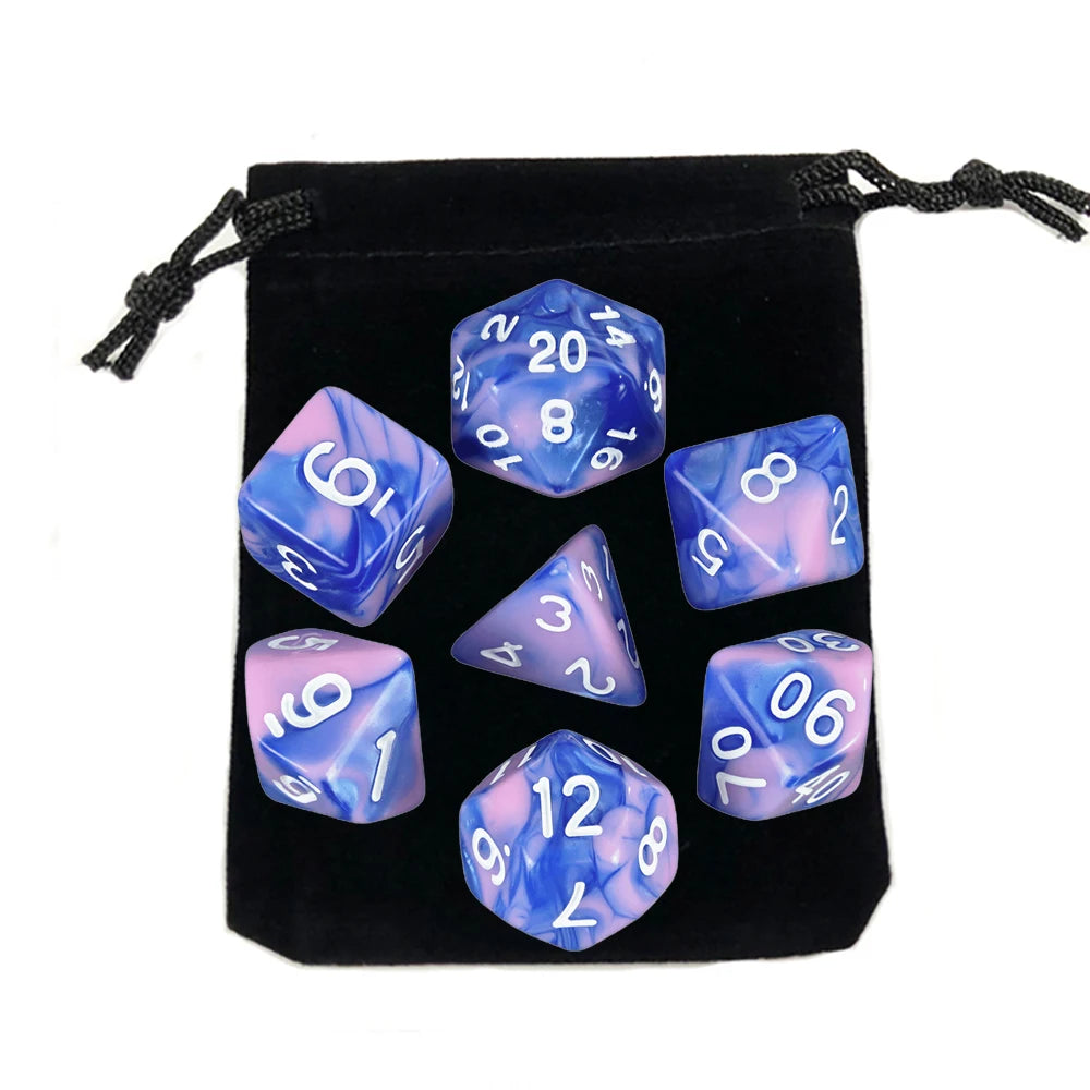 A set of polyhedral dice, including a d20 and d8, stored in a black fabric pouch.