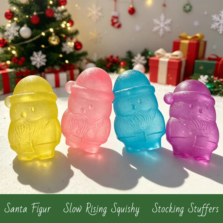 Four colorful squishy figures shaped like Santa heads in yellow, pink, blue, and purple.