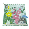 A soft stuffed animal featuring a cat character surrounded by pink and green floral patterns.