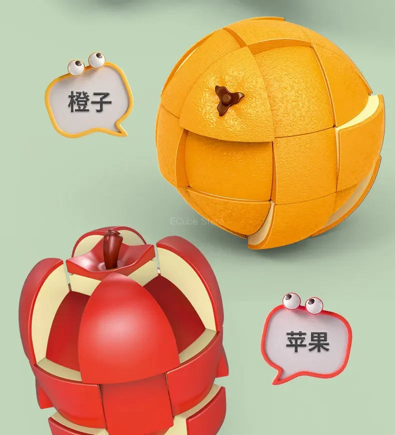 A yellow fruit-shaped 3x3 puzzle cube with a red version, shown alongside speech bubbles labeled for fruit and fruit.