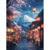 A nighttime street scene in Japan featuring traditional wooden buildings, lanterns, and a snow-capped mountain under a blue s