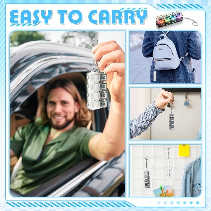 A man is holding an illuminated stress-relief keychain toy with keyboard buttons inside a car, demonstrating its portability.
