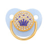 Rose gold crystal bling pacifier with a gold crown design and light blue silicone ring