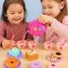 A colorful 27-piece pretend play tea party set for kids featuring pink and purple plastic cups, teapot, and food items.