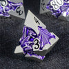 A silver metal die featuring a dragon design and the number 3, part of a Dragon-Themed Metal Dice Set.