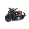 A black and red vintage-style pull-back motorcycle toy car for kids.