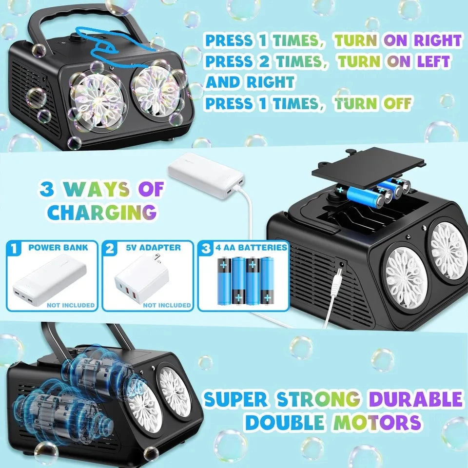 A black automatic bubble machine with dual fans and LED lights shown alongside charging options and a close-up of the unit.