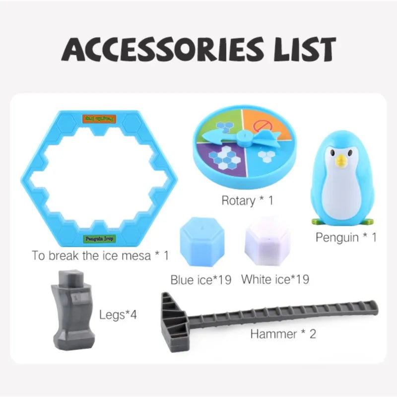 Accessories list for a penguin breaking ice table game including a rotary piece, penguin figure, ice pieces, and hammer.