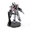 A gray and blue mecha action figure standing on a black adjustable snake bone stand.