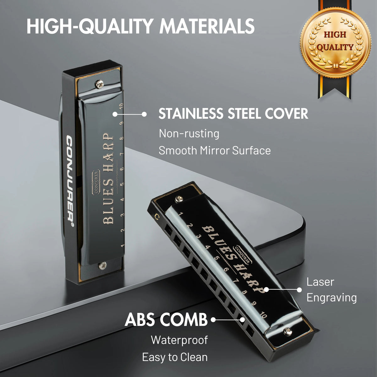 A black professional 10-hole diatonic harmonica with a stainless steel cover and ABS comb.