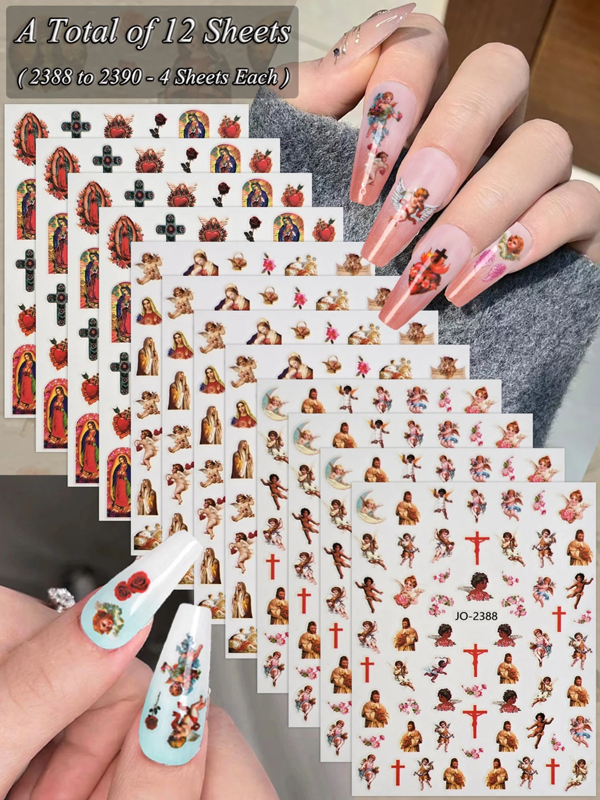 A collection of 12 sheets of vintage angel and saint nail art stickers featuring cherubs and crosses