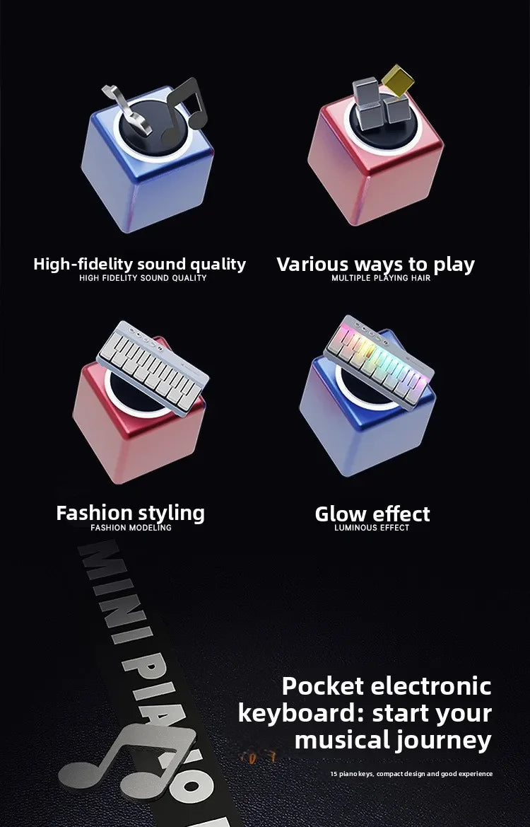 A mini electronic keyboard piano with various features including high-fidelity sound quality, fashion styling, and glow effec