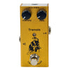 Goldfarbener Tremolo-Effektpedal mit Intensitäts- und Ratenreglern und Ausgangsstift.