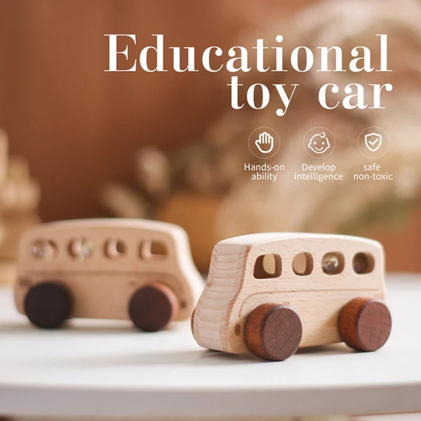A wooden Montessori push cart toy car made of beech wood is shown on a white surface.