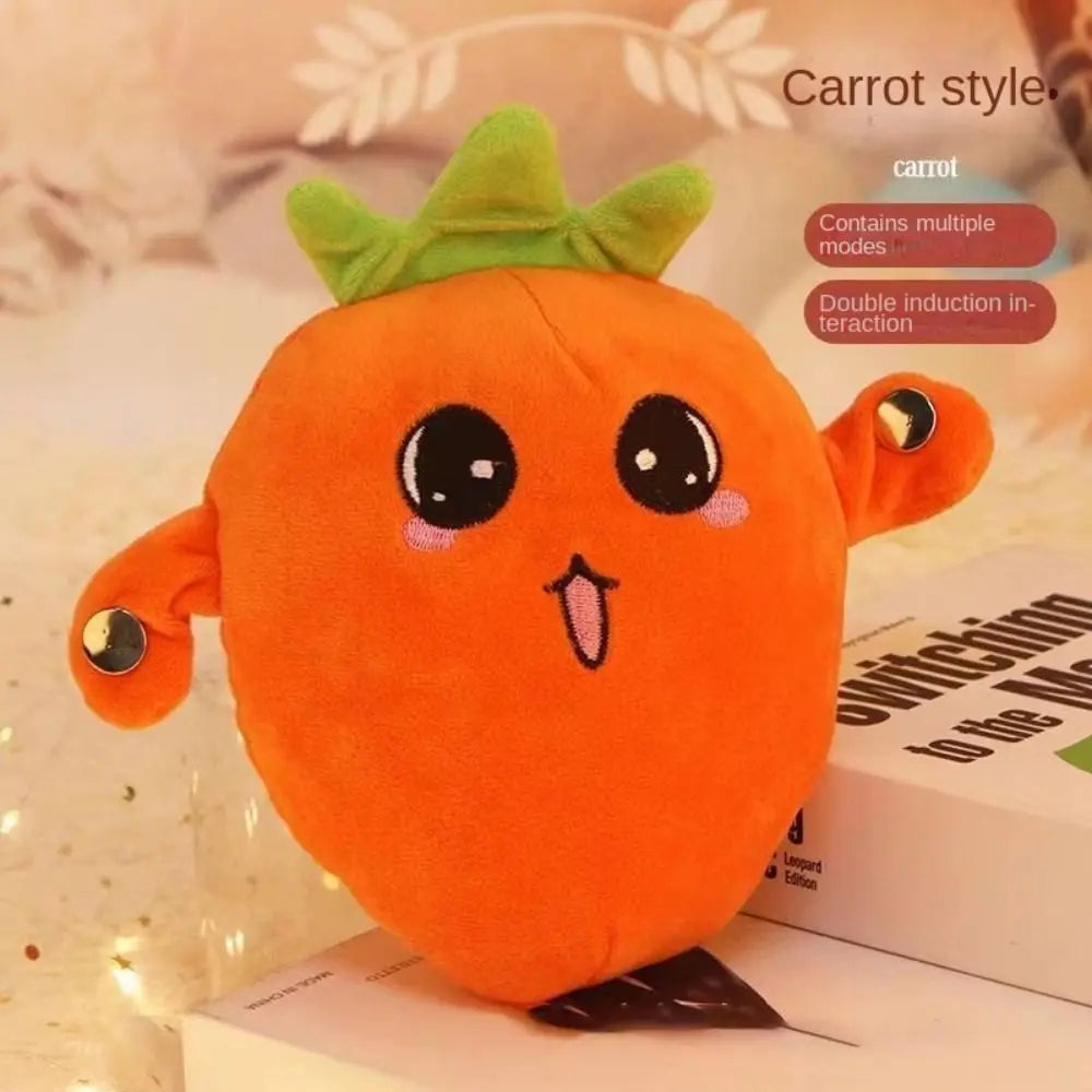 An orange carrot style plush toy with large eyes and a green leafy top sits on a white surface.