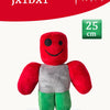 A red plush rabbit stuffed toy with a black eye, gray body, and green feet.