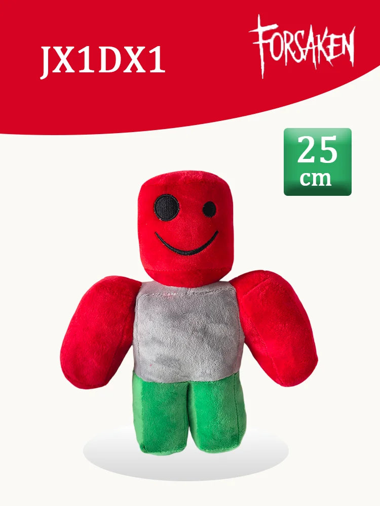 A red plush rabbit stuffed toy with a black eye, gray body, and green feet.
