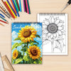 A coloring book featuring a detailed line drawing of a sunflower plant and flower on a white page.