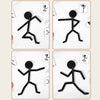 Four wooden jigsaw puzzles showing different sports poses of a stick figure for kids