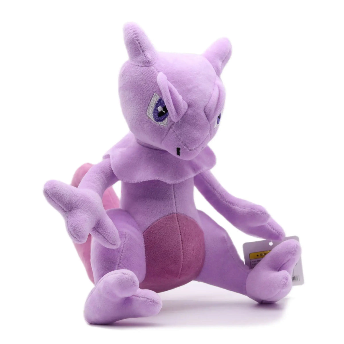 A purple Kawaii anime plush doll with large eyes sitting on a white background.