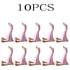 Ten pink goose plush toys with long necks shown in a row.