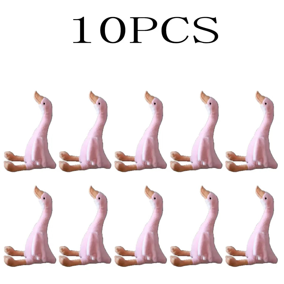 Ten pink goose plush toys with long necks shown in a row.