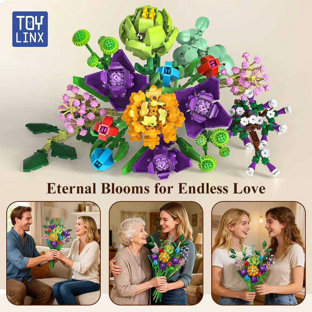 A colorful building block set of eternal blooms for endless love featuring various flower shapes and greenery.