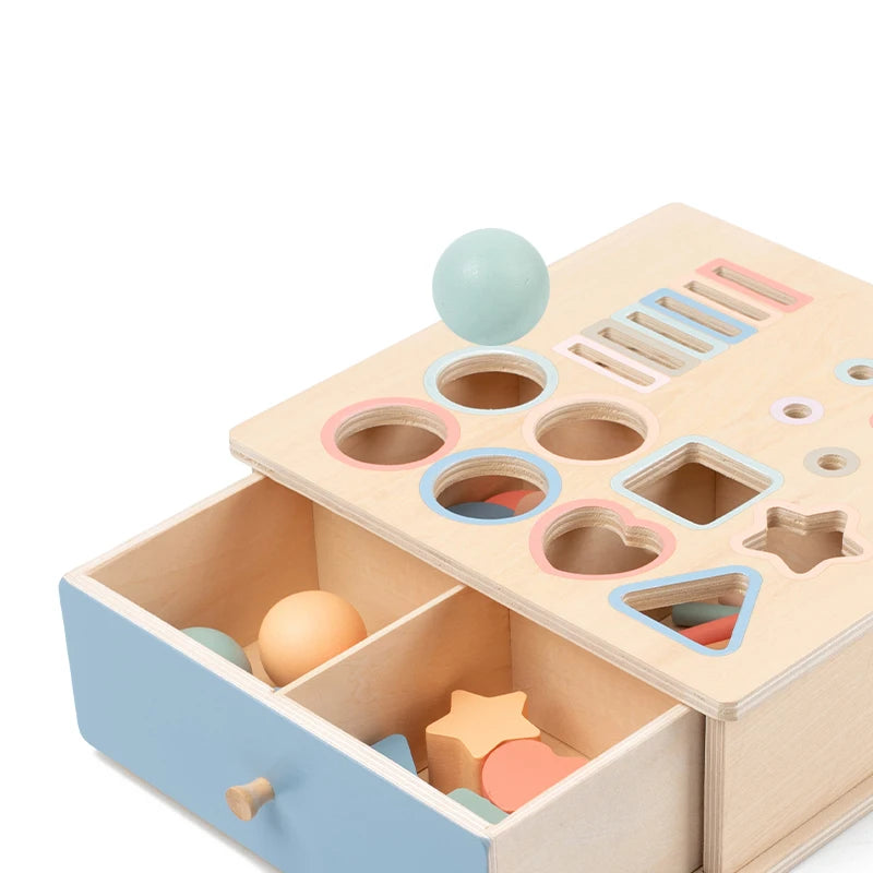 A wooden Montessori color and shape sorting box with various colored balls and wooden shapes inside.
