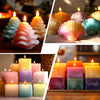 A collection of colorful liquid candles and soaps in various shades including pink, orange, green, purple, and yellow.