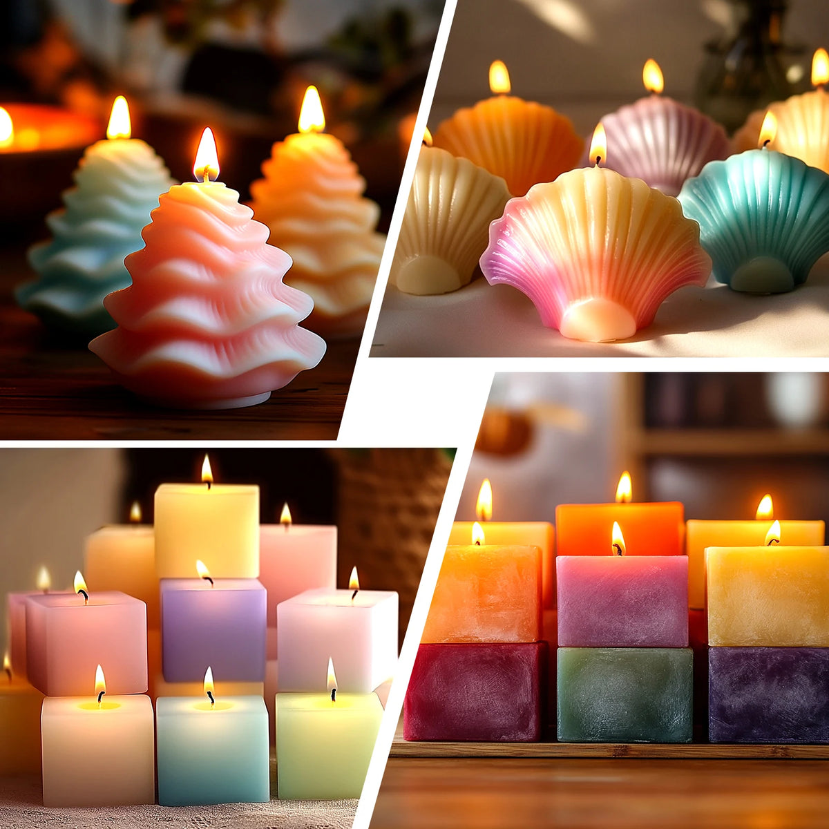 A collection of colorful liquid candles and soaps in various shades including pink, orange, green, purple, and yellow.
