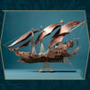 A detailed wooden puzzle model kit of a steampunk pirate ship with sails and rigging.