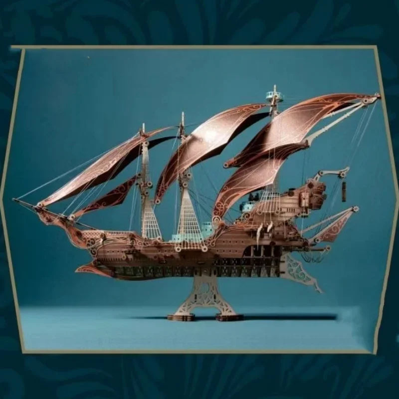 A detailed wooden puzzle model kit of a steampunk pirate ship with sails and rigging.