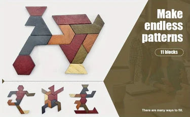 A wooden tangram puzzle made of eleven interlocking hexagonal blocks forming an abstract animal shape.