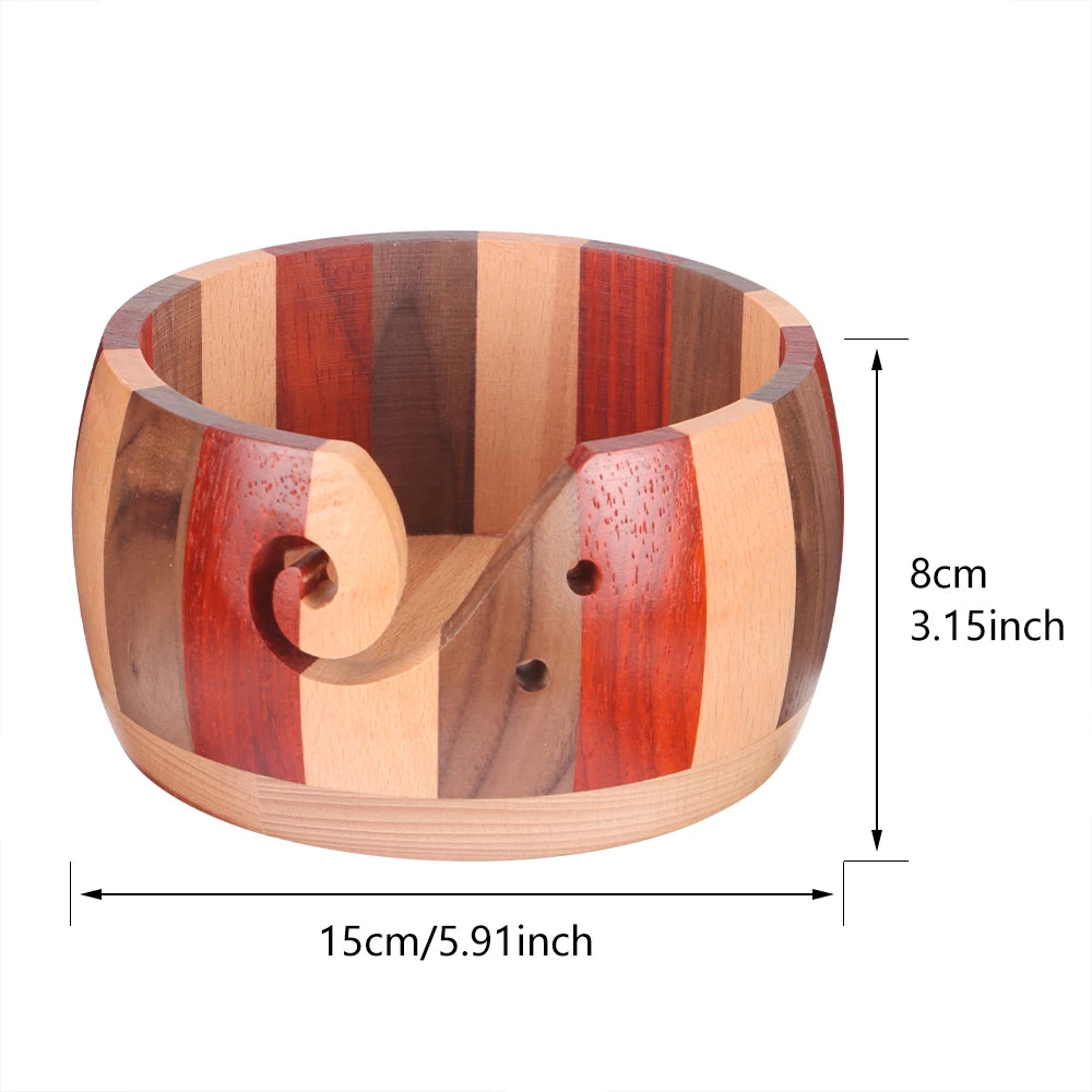 Handcrafted wooden yarn bowl featuring striped wood grain and a swirl cutout design.