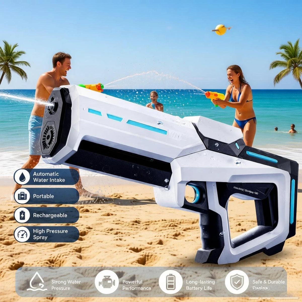 A white electric water blaster is shown spraying water outdoors with adults and a child in a sunny beach setting.